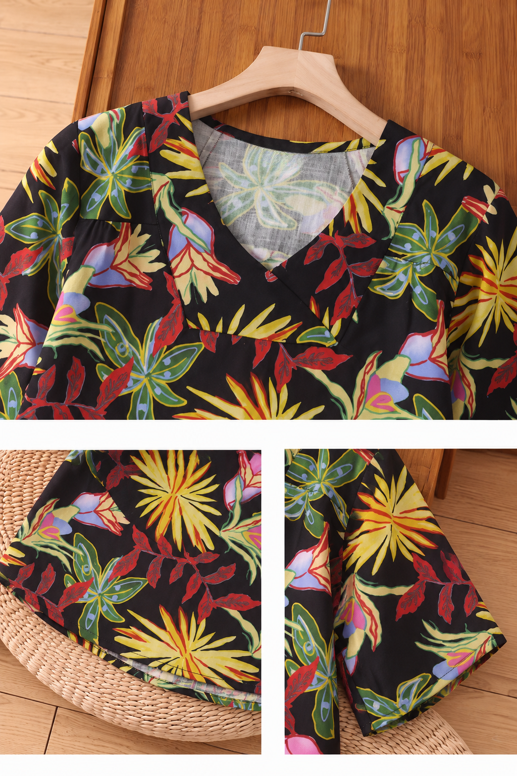 Women’s Tropical Floral Print V-Neck Short Sleeve Top