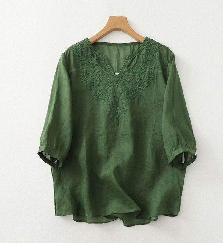 Dark Green, Cotton embroidered top, regular fit - Clothinco