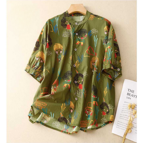 Women's Cotton digital print shirt, boat neck, comfort fit - front view - Clothinco