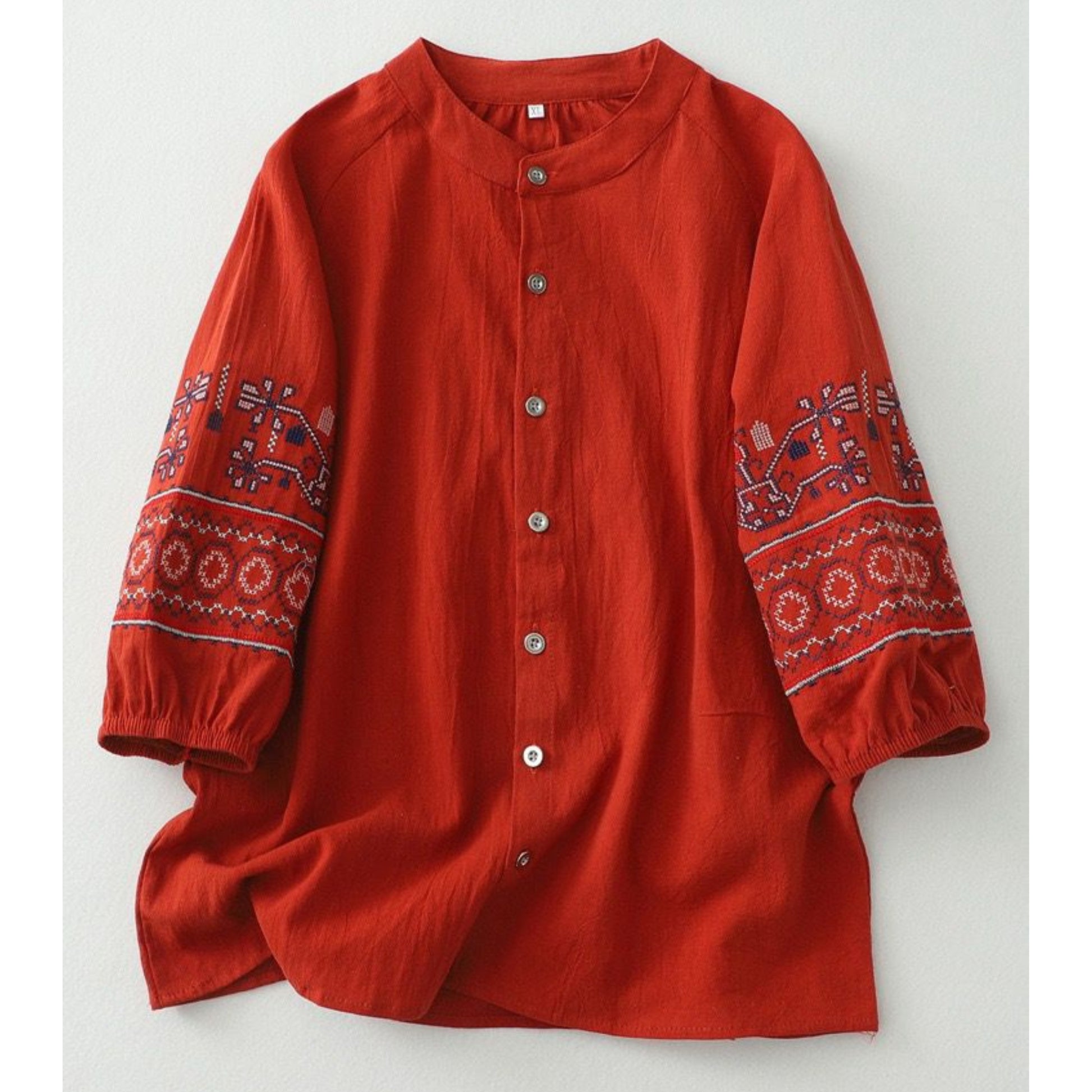 Red, Cotton embroidered shirt, round neck, regular fit - Clothinco
