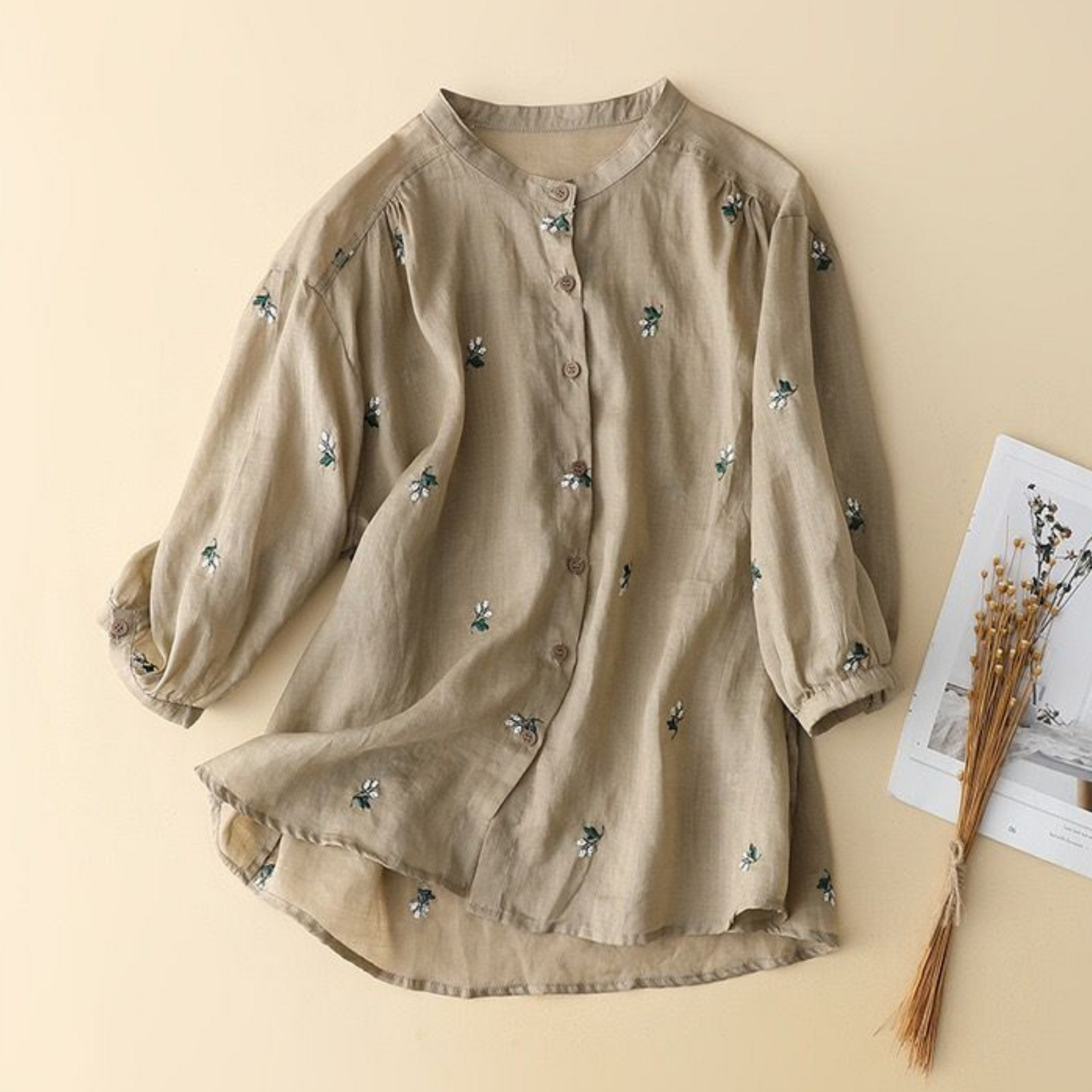 Cotton Floral Embroidered Comfortable Boat Neck Shirt ARTICHOKE GREEN S