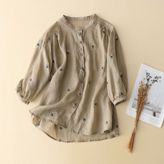 Cotton Floral Embroidered Comfortable Boat Neck Shirt