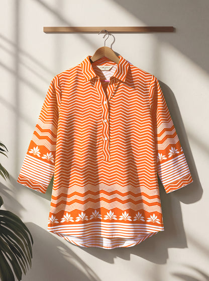 Orange, Cotton digital print top, relaxed fit - Clothinco