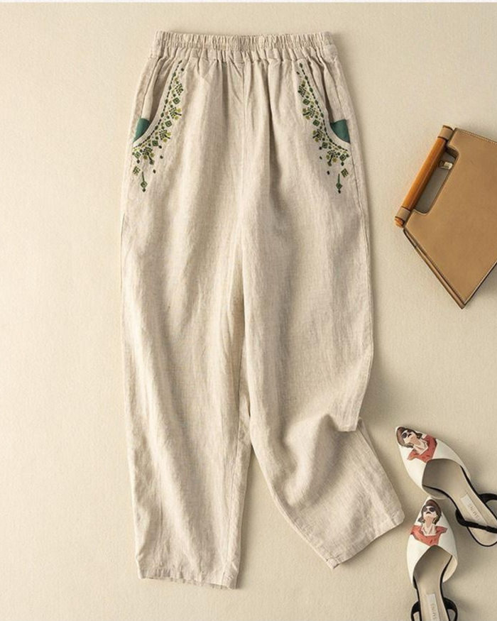 Pure Viscose Linen Women's Embroidered Comfort Pants