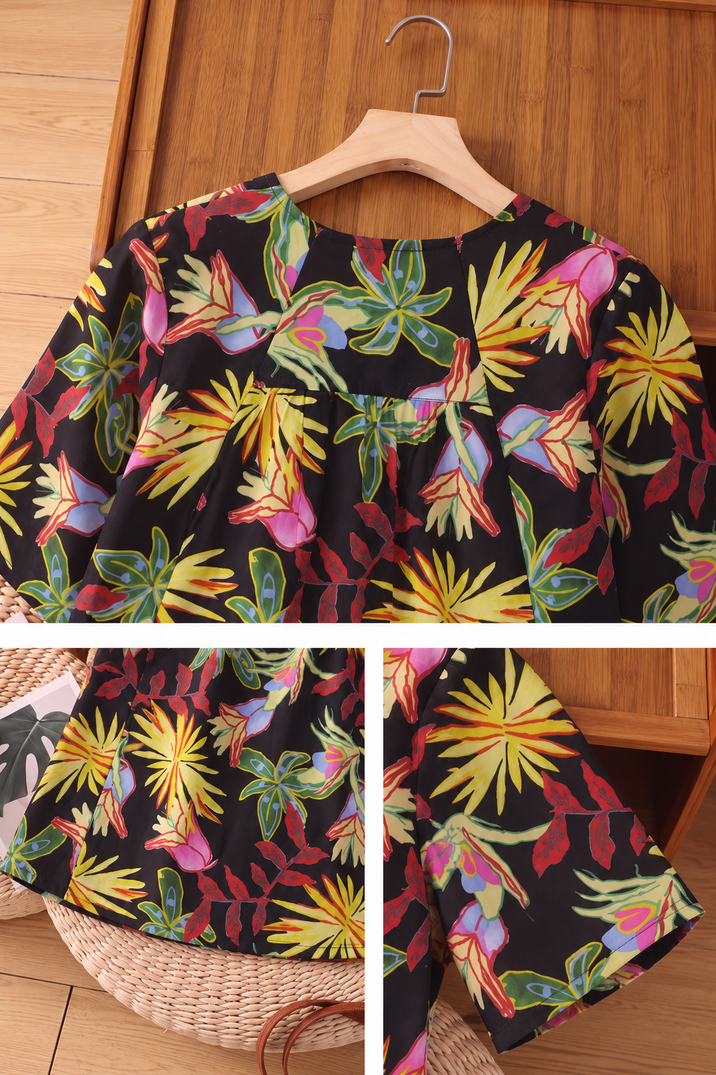 Women’s Tropical Floral Print V-Neck Short Sleeve Top
