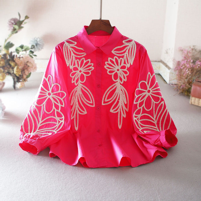 Pure Cotton Embroidered Puff Sleeve Shirt