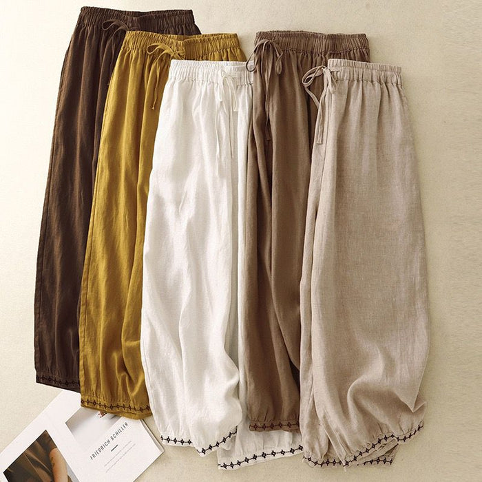 Pure Cotton Linen Embroidered Harem Pants for Women