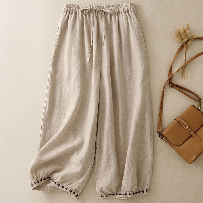 Women's Flex Cotton (15% Linen, 85% Cotton) embroidered pants, relaxed fit - close-up detail - Clothinco