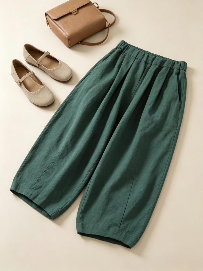 Pure Cotton Linen Casual Drawstring Cropped Wide-Leg Pants For Women
