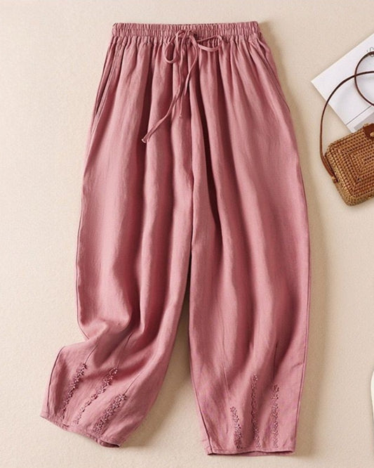Pink, Viscose Linen embroidered pants, relaxed / comfort fit - Clothinco