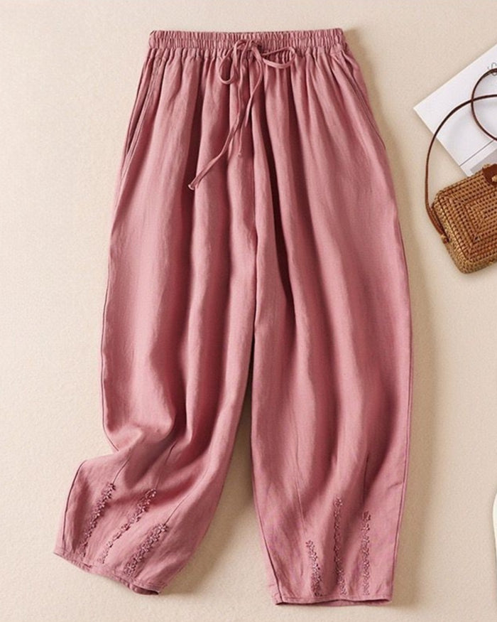 Pure Viscose Linen Women's Comfort-Fit Embroidered Pants