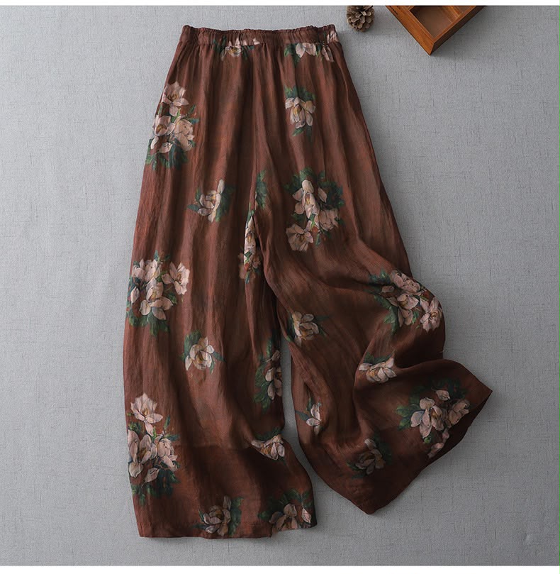 Mocha Bloom Women’s Lyocell Slub Floral Wide-Leg Pants