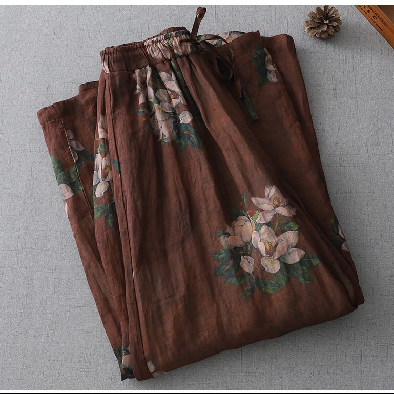 Mocha Bloom Women’s Lyocell Slub Floral Wide-Leg Pants