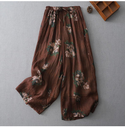 Mocha Bloom Women’s Lyocell Slub Floral Wide-Leg Pants