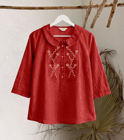 Women’s Pure Cotton Embroidered Peter Pan Collar Tops