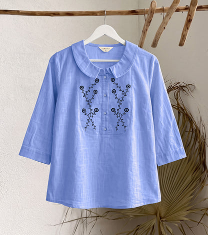 Women’s Pure Cotton Embroidered Peter Pan Collar Tops