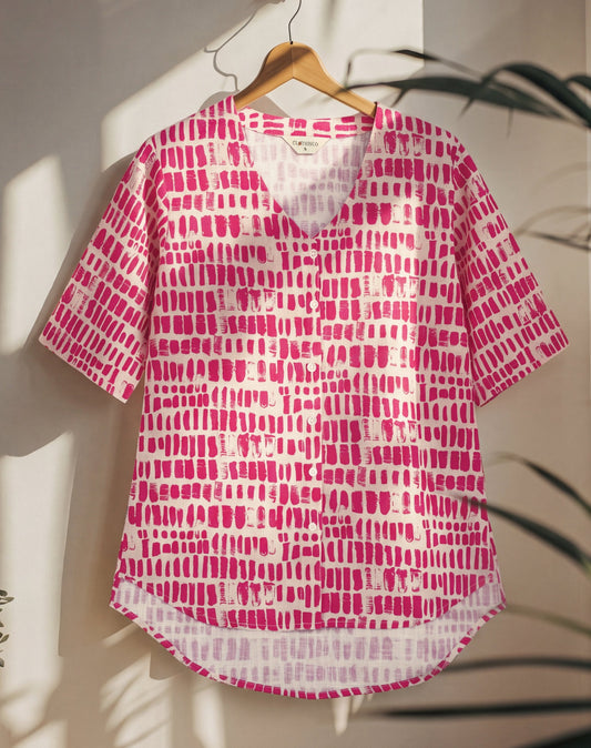Pink, Cotton digital print shirt, v-neck, regular fit - Clothinco
