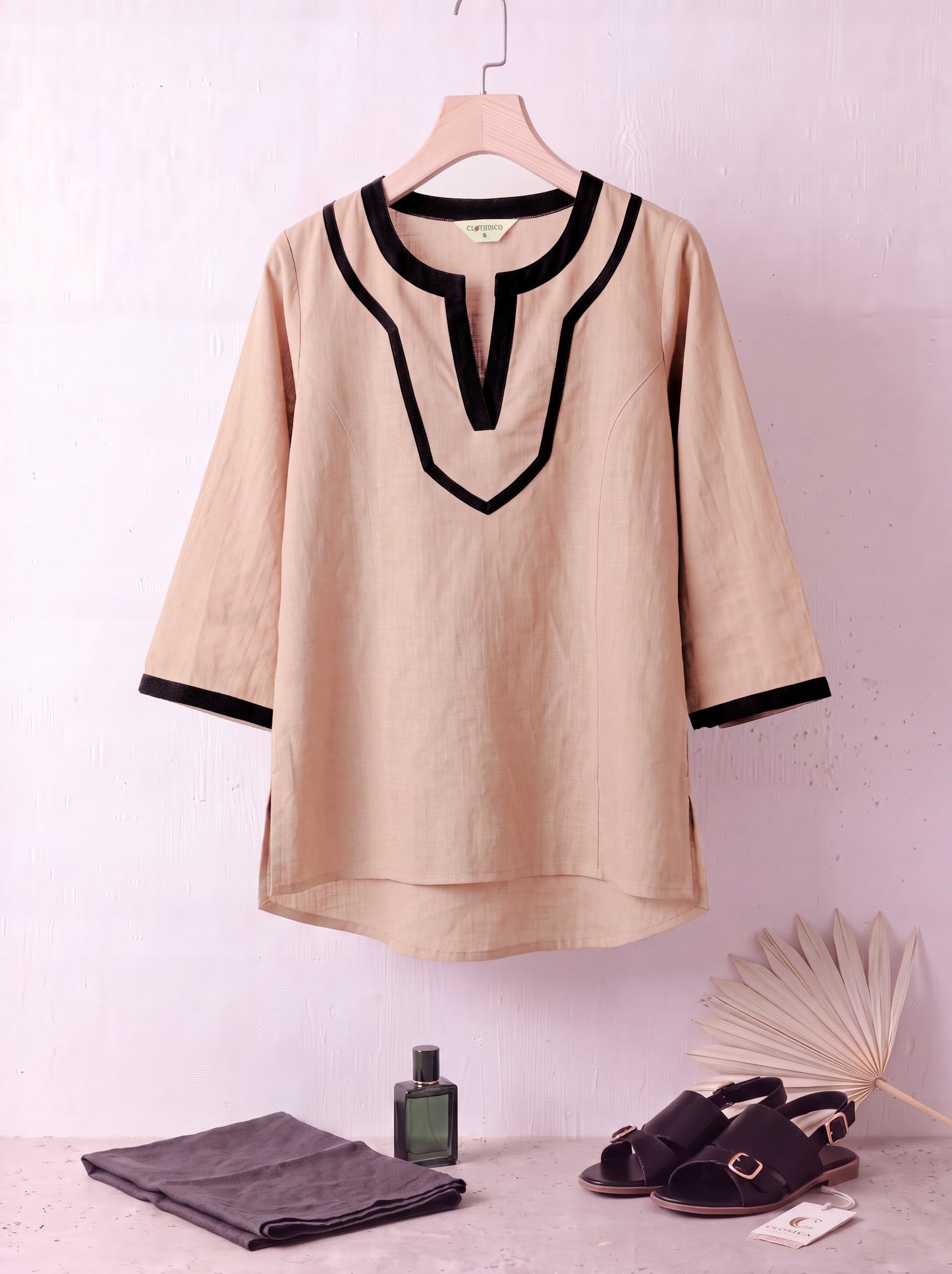 Pure Cotton V-Neck Tops With Contrast Black Detailing