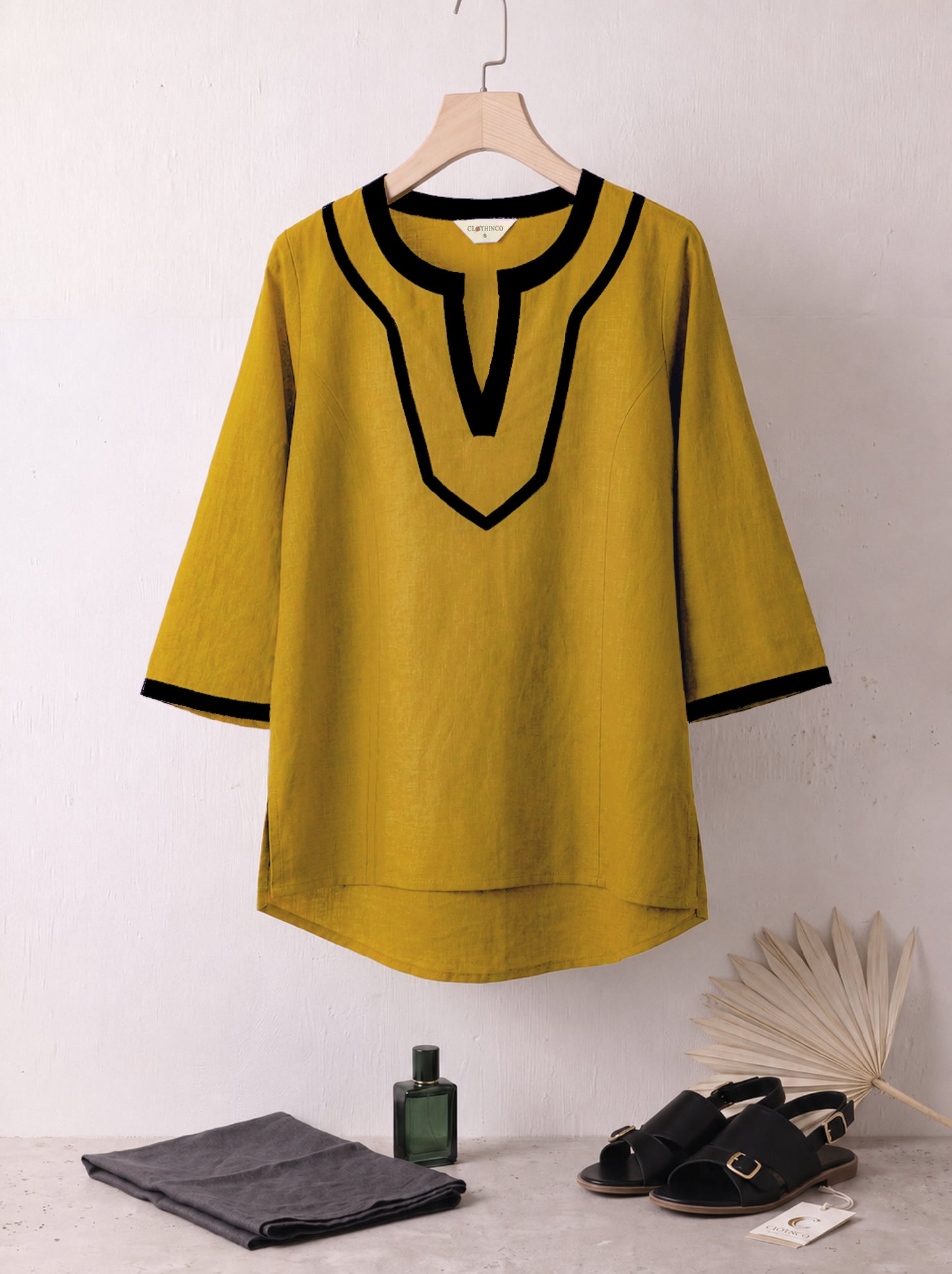Pure Cotton V-Neck Tops With Contrast Black Detailing