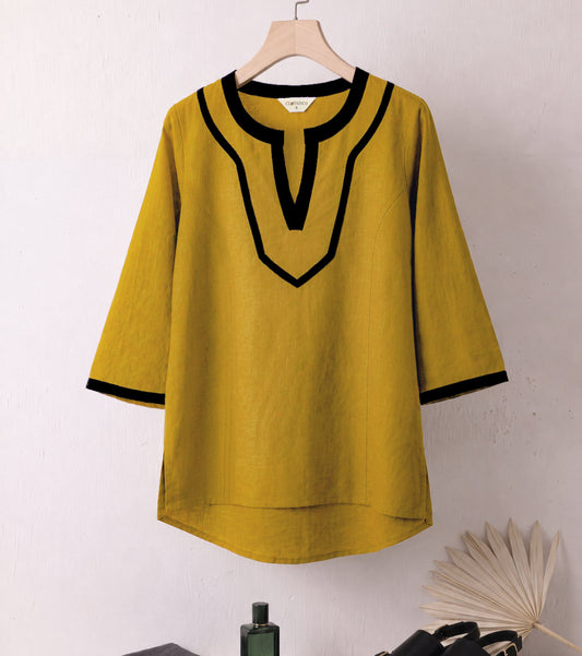 Mustard, Cotton plain with contrast detail top, v-neck, regular fit - Clothinco